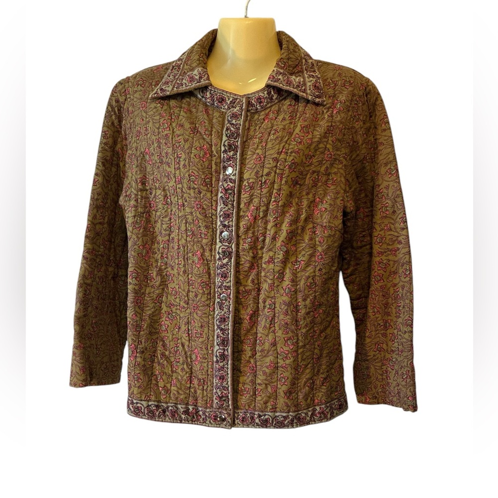 Blue Plate Floral Paisley Quilted Jacket Front Snap Cottagecore Boho Brown Lg